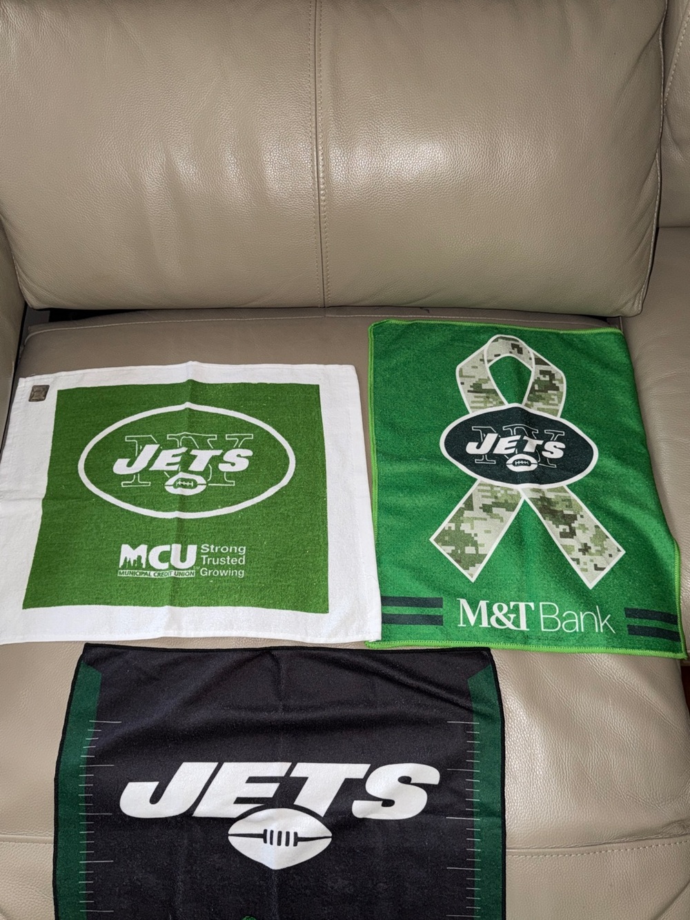 New 3 NFL NY Jets promo rally towels green/white/black MCU/M&T Bank/GreenGiant